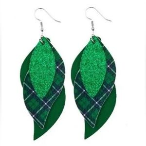 St Patrick's Day Earrings, Green Plaid Earrings, Green Glitter Irish Earrings